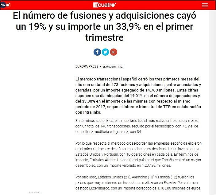 El nmero de fusiones y adquisiciones cay un 19% y su importe un 33,9% en el primer trimestre